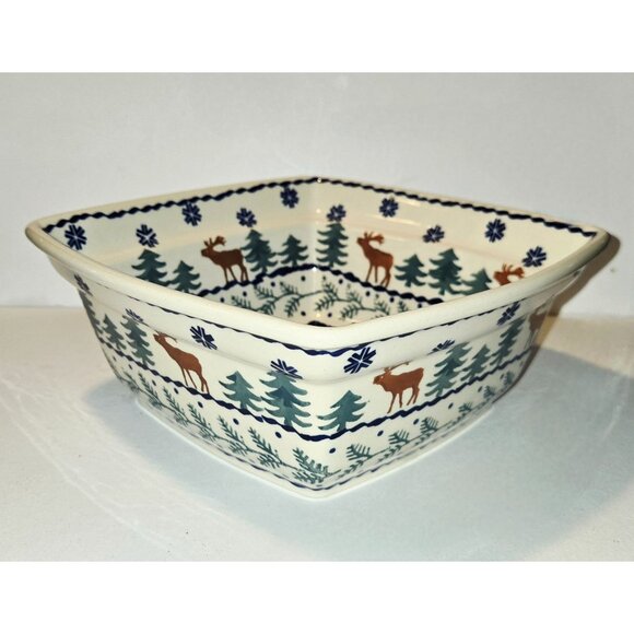 Boleslawiec Polish Pottery Square Baker Serving Bowl Snowflake Reindeer Tree 7.5 - Picture 3 of 8